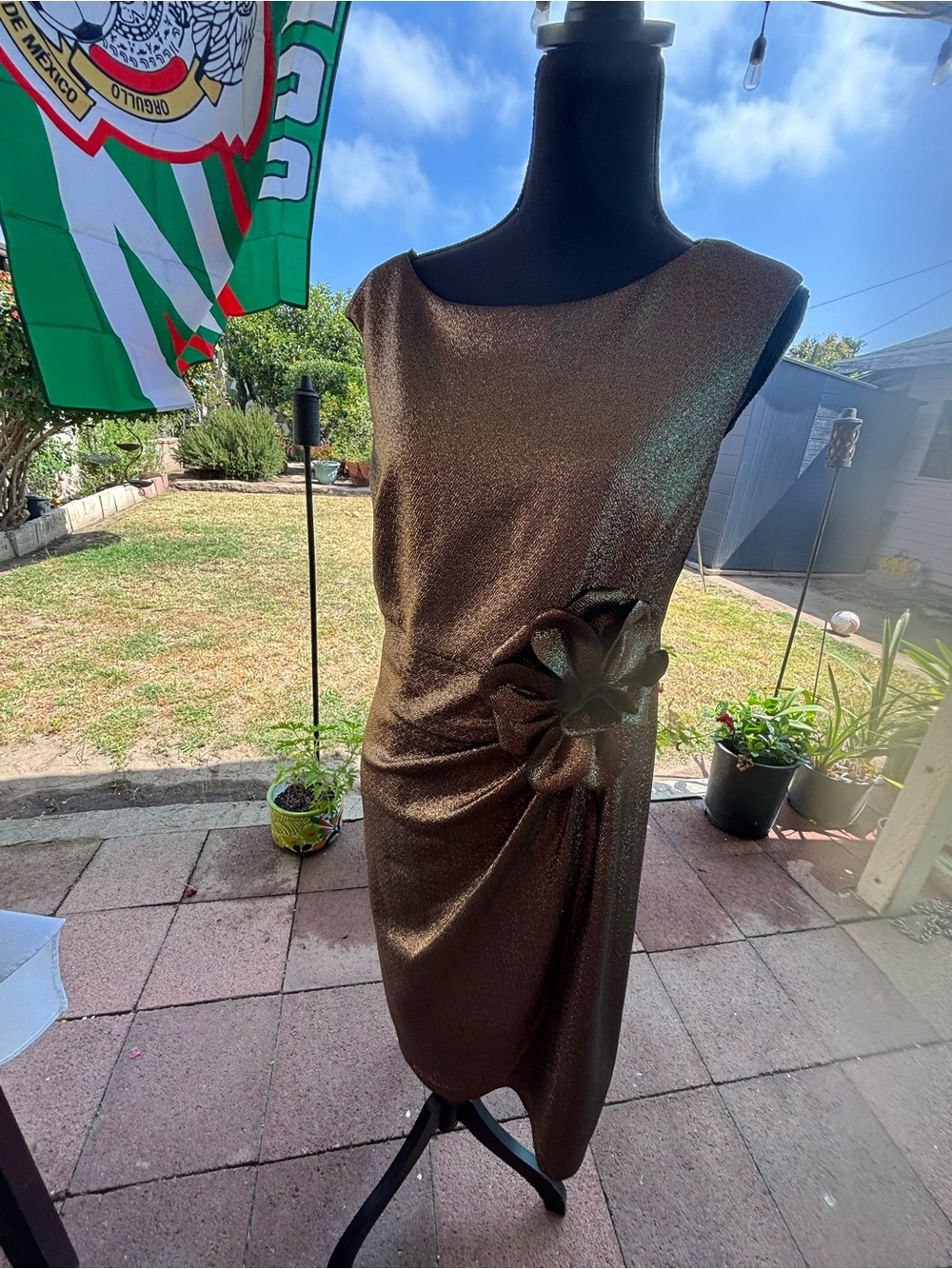 Bronze Metallic Midi Dress with Rosette Accent